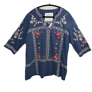 CAITE Embroidered Top Womens X- Large Bohemian Cotton Half Sleeve Blue Anthro